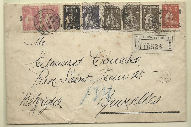 0215.jpg -     Lote:    215            Portugal       Descrição:         1912/23 &mdash; Ceres. Sobrescrito circulado registado de Lisboa (26.06.24) para Bruxelas com selos de 10c CE215 + 3x5c CE252 + selo de 15c CE253 + par de 25c CE255 + selo de 1$50 CE259.        Carta       Valor Base:     &euro; 30,00     Valor Venda:     Retirado     