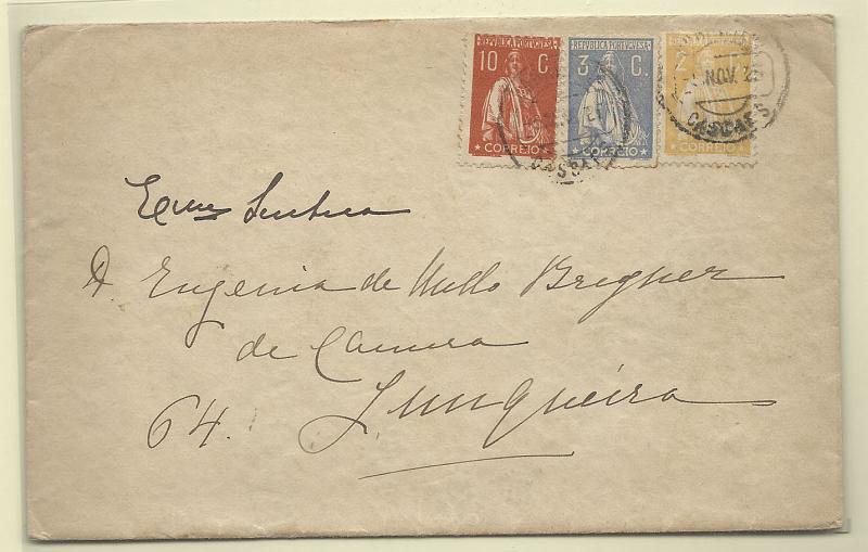 0218.jpg -     Lote:    218            Portugal       Descrição:         1912/26 &mdash; Ceres. Sobrescrito circulado aberto como impresso de Cascais (04.11.25) para Lisboa, com selos de 10c CE215, 3c CE235 e 2c amarelo CE276.        Carta       Valor Base:     &euro; 30,00     Valor Venda:     Retirado     