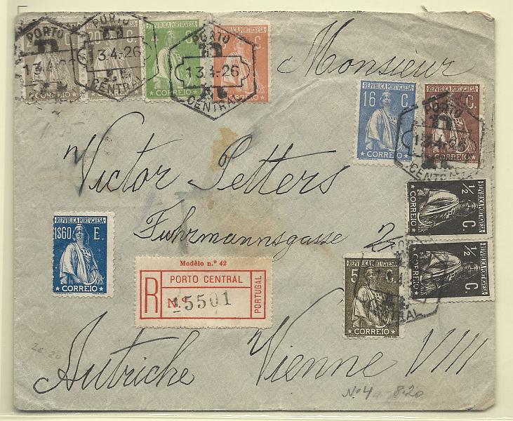 0220.jpg -     Lote:    220            Portugal       Descrição:         1912/26 &mdash; Ceres. Sobrescrito circulado registado do Porto (13.04.26) para Viena com selos de &frac12; c CE207 (par), 4c CE226, 5c CE252, 6c CE277, 8c CE278, 16c CE279, par de 20c CE280 e 1$60 CE291.        Carta       Valor Base:     &euro; 40,00     Valor Venda:     &euro; 42,00       