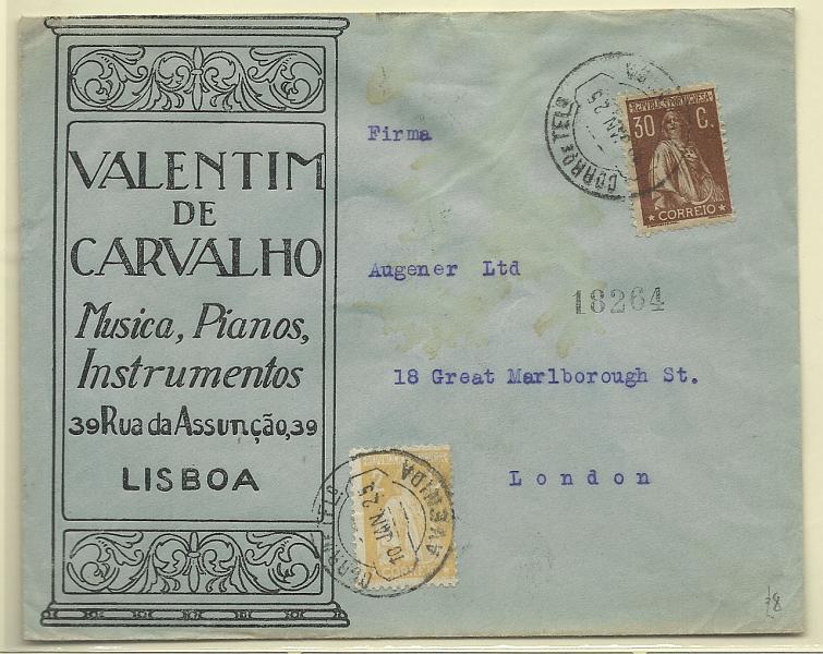 0222.jpg -     Lote:    222            Portugal       Descrição:         1924/26 &mdash; Ceres. Sobrescrito circulado como impresso de Lisboa (10.01.25) para Londres, com selo de 2c amarelo CE276 + 30c canela CE281.        Carta       Valor Base:     &euro; 50,00     Valor Venda:     Retirado     