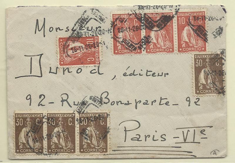 0223.jpg -     Lote:    223            Portugal       Descrição:         1912/26 &mdash; Ceres. Sobrescrito circulado de Lisboa (28.11.26) para Paris, com 4 selos de 10c CE215 + 4 selos de 30c CE281.        Carta       Valor Base:     &euro; 30,00     Valor Venda:     Retirado     