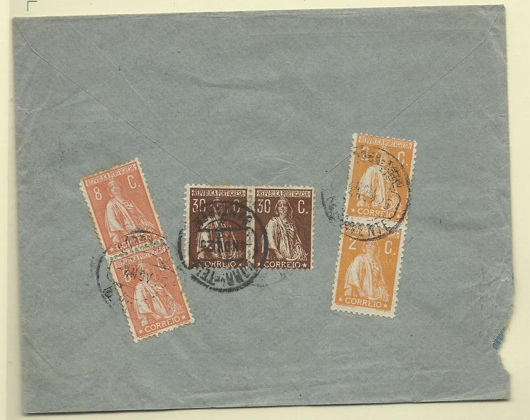 0224.jpg -     Lote:    224            Portugal       Descrição:         1917/26 &mdash; Ceres. Sobrescrito circulado de Benavente (04.11.25) para Santarém (04.11.25) com par de 2c CE223 + par de 8c CE278 + par de 30c canela CE281.        Carta       Valor Base:     &euro; 30,00     Valor Venda:     Retirado     