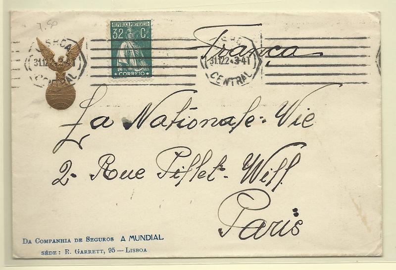 0225.jpg -     Lote:    225            Portugal       Descrição:         1924/26 &mdash; Ceres. Sobrescrito circulado como impresso de lisboa (31.12.24) para Paris com selo de 32c verde CE282. MB e R.        Carta       Valor Base:     &euro; 30,00     Valor Venda:     Retirado     
