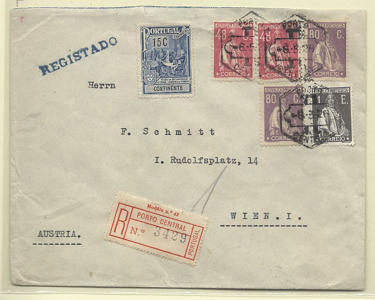 0227.jpg -     Lote:    227            Portugal       Descrição:         1924/26 &mdash; Ceres + Monumento ao Marquês de Pombal (Imposto Postal). Sobrescrito circulado registado do Porto (06.05.26) para Viena com selos de 48c (2) carmim CE284 + 80c (2) violeta CE286 + 1E ardósia CE288 + 15c CE IP19. MB        Carta       Valor Base:     &euro; 35,00     Valor Venda:     Retirado     