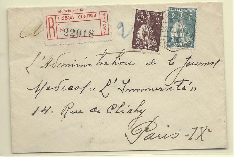0231.jpg -     Lote:    231            Portugal       Descrição:         1924/26 &mdash; Ceres. Sobrescrito circulado registado de Lisboa (27.02.25) para Paris , com selos de 40c CE283 e 2E verde cinzento CE292. MB.        Carta       Valor Base:     &euro; 80,00     Valor Venda:     Retirado     