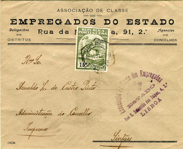 0232.jpg -     Lote:    232            Portugal       Descrição:         1924 &mdash; 4.º Centenário do Nascimento de Luís de Camões. Sobrescrito circulado aberto como impresso de Lisboa (15.11.24) para Sinfães (16.11.24) com selo de 15c CE306 (porte de impresso). Selo utilizado dois dias depois do período de circulação, porém muito raro utilizado isoladamente.        Carta       Valor Base:     &euro; 75,00     Valor Venda:     Retirado     