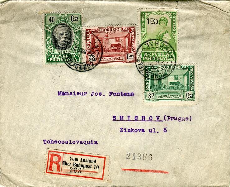 0233.jpg -     Lote:    233            Portugal       Descrição:         1925 &mdash; Centenário do Nascimento de Camilo Castelo Branco. Sobrescrito circulado do Funchal (27.03.25) para a Checoslováquia (09.04.25) com trânsito por Dresden (08.04.25), com selos de 32c, 40c, 48c e 1$20 CE342, 343, 344 e 351. MB e MR.        Carta       Valor Base:     &euro; 100,00     Valor Venda:     Retirado     