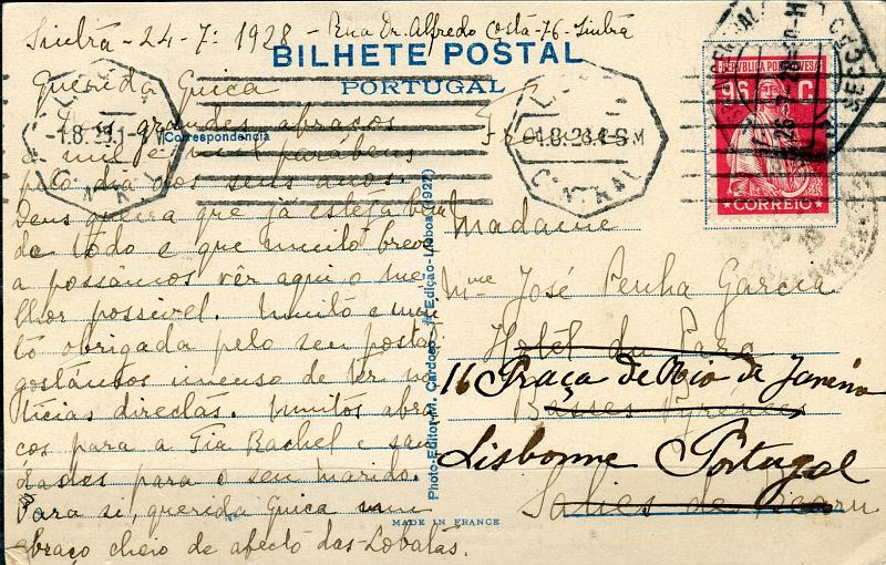 0236.jpg -     Lote:    236            Portugal       Descrição:         1926 &mdash; Ceres. Emissão Londres. Postal ilustrado circulado de Sintra (24.07.28) para França e reexpedido para Lisboa (01.08.28) sem nova franquia, com selo de 96c vermelho CE411.        PI       Valor Base:     &euro; 15,00     Valor Venda:     Retirado     