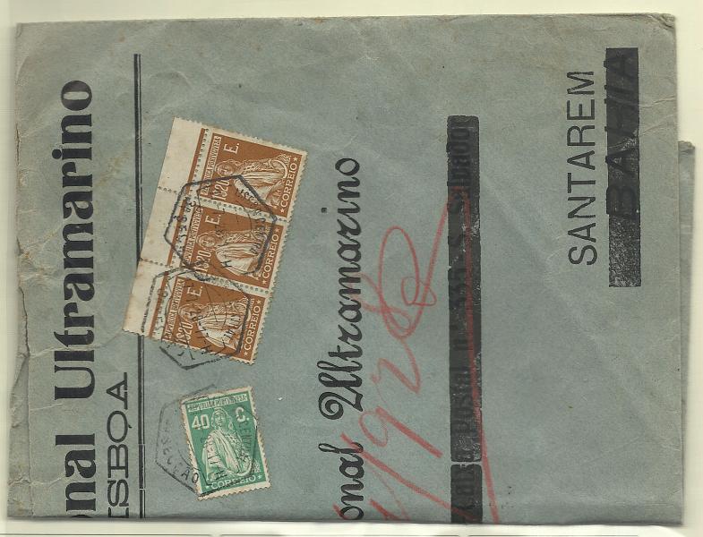 0237.jpg -     Lote:    237            Portugal       Descrição:         1926 &mdash; Ceres. Emissão Londres. Sobrescrito de grandes dimensões, circulado de lisboa (17.07.28) para Santarém com selos de 40c CE406 e tira de 3 selos de 1$20 CE413.        Carta       Valor Base:     &euro; 20,00     Valor Venda:     Retirado     