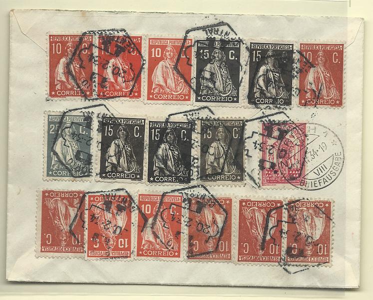0238.jpg -     Lote:    238            Portugal       Descrição:         1912/30 &mdash; Ceres + 5.º Centenário da morte de D. Nuno Alvares Pereira. Sobrescrito circulado registado do Porto (20.02.34) para a Suiça com selos de 10c (6) CE 215 + 10c (3) CE401 + 10c CE498 + 15c (4) CE253 + 15c CE402 + 25c CE404 + 75c CE540.        Carta       Valor Base:     &euro; 60,00     Valor Venda:     Retirado     