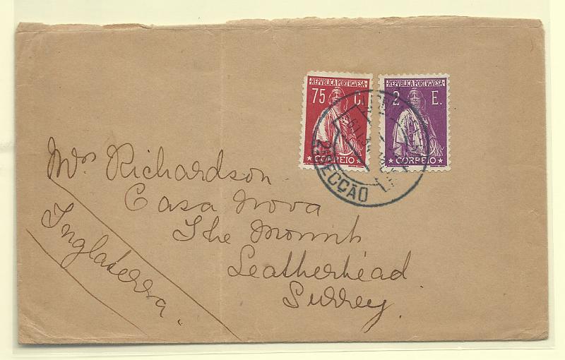 0239.jpg -     Lote:    239            Portugal       Descrição:         1930 &mdash; Ceres. Gravura retocada. Selos de recurso. Sobrescrito circulado de Lisboa (06.11.34) para Inglaterra com selos de 75c CE506 e 2$00 CE511.         Carta       Valor Base:     &euro; 10,00     Valor Venda:     &euro; 12,00       
