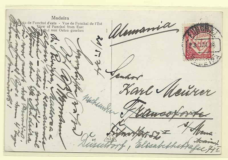 0240.jpg -     Lote:    240            Portugal       Descrição:         1933/38 &mdash; Lusíadas. Postal ilustrado circulado do Funchal (23.05.34) para a Alemanha, com selo de 95c carmim CE545.        PI       Valor Base:     &euro; 10,00     Valor Venda:     Retirado     