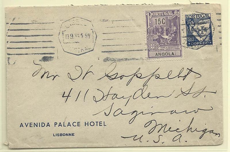 0241.jpg -     Lote:    241            Portugal       Descrição:         1933/34 &mdash; Lusíadas + Monumento ao Marquês de Pombal * selo de recurso. Sobrescrito circulado de Lisboa (10.09.34) para os EUA com selo CE546 + selo de 15c do imposto postal de Angola usado como selo postal de recurso no Continente.        Carta       Valor Base:     &euro; 25,00     Valor Venda:     &euro; 30,00       