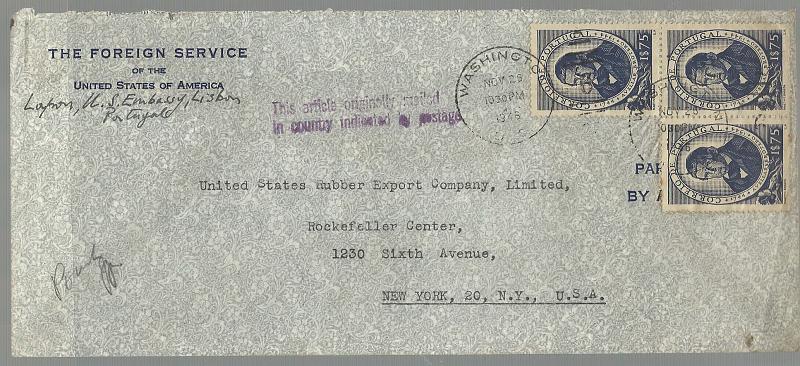 0244.jpg -     Lote:    244            Portugal       Descrição:         1944 &mdash; 2.º Centenário do Nascimento de Félix Avelar Brotero. Correio diplomático. Sobrescrito circulado por mala diplomática de Lisboa para Washington (26.11.46) com 3 selos de 1$75 CE643. Carimbo linear " THIS ARTICLE ORIGINALLY MAILED / IN COUNTRY INDICATED IN POSTAGE".        Carta       Valor Base:     &euro; 25,00     Valor Venda:     Retirado     