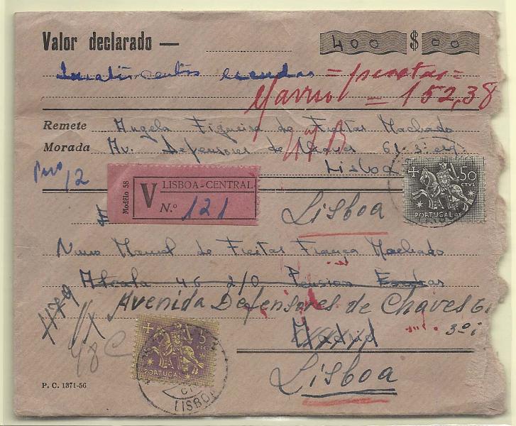 0245.jpg -     Lote:    245            Portugal       Descrição:         1953 &mdash; Cavaleiro Medieval. Valor declarado de 400$00 circulado de Lisboa (03.08.57) para Madrid (08.08.57) e devolvido a Lisboa (10.08.57). Franquiado com selos de 59c e 5$00 CE766 e 774.        Carta       Valor Base:     &euro; 10,00     Valor Venda:     Retirado     