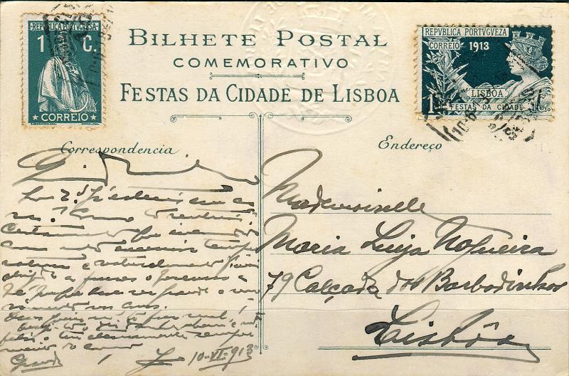 0246.jpg -     Lote:    246            Portugal       Descrição:         1912/13 &mdash; Ceres + Imposto Postal "Festas da Cidade de Lisboa". Postal ilustrado circulado em Lisboa (10.06.13) com selo Ceres de 1c CE208 + selo do imposto postal de 1c verde-escuro CE IP5. B e R.        PI       Valor Base:     &euro; 50,00     Valor Venda:     Retirado     