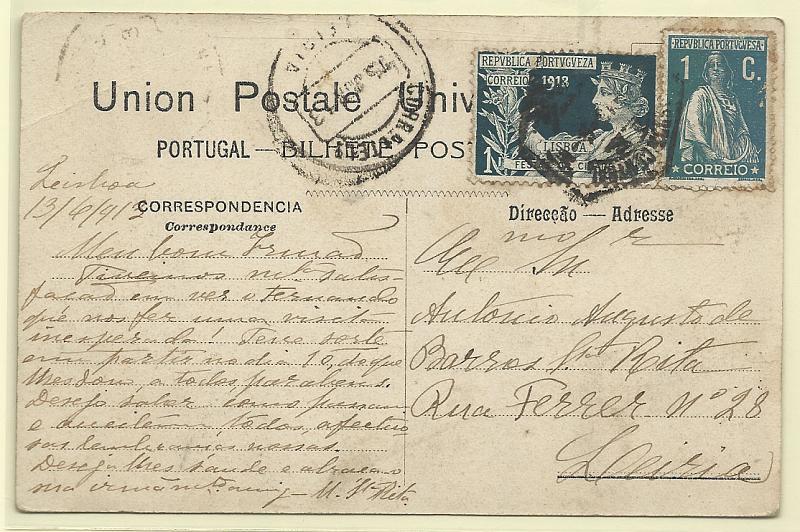 0247.jpg -     Lote:    247            Portugal       Descrição:         1913 &mdash; Imposto Postal. Festas da Cidade de Lisboa. CE IP5, 1c verde-escuro em postal circulado de Lisboa (13.06.13) para Leiria (15.06.13). B e R.        PI       Valor Base:     &euro; 20,00     Valor Venda:     Retirado     