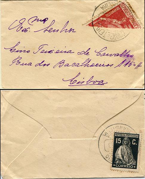 0248.jpg -     Lote:    248            Portugal       Descrição:         1925/26 &mdash; Ceres * Emissão Londres + Imposto Postal "Para os Pobres". Sobrescrito de pequeno formato (cartões de visita) circulado de Vila Moreia (31.12.28) para Lisboa com selo de 15c preto CE402 (verso) + selo de 30c bipartido CE IP12, usado como selo de recurso. B e R.        Carta       Valor Base:     &euro; 75,00     Valor Venda:     &euro; 100,00       