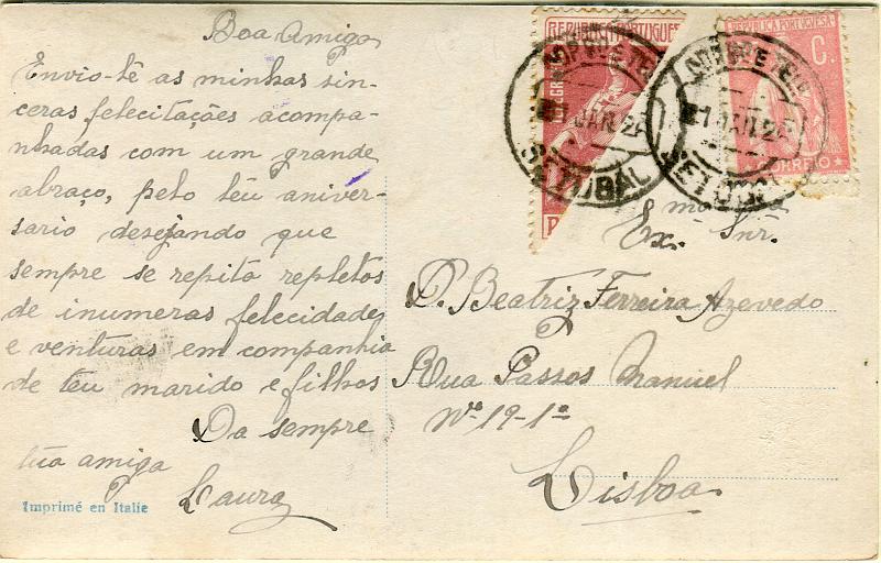 0249.jpg -     Lote:    249            Portugal       Descrição:         1923/25 &mdash; Ceres + Imposto Postal "PARA OS POBRES". Postal ilustrado circulado de Setúbal (01.01.26) para Lisboa com selo de 25c rosa CE255 + selo do imposto postal de 30c CE IP12 bipartido, como selo de recurso por falta de selos de 15c. Mb e MR.        PI       Valor Base:     &euro; 40,00     Valor Venda:     &euro; 40,00       