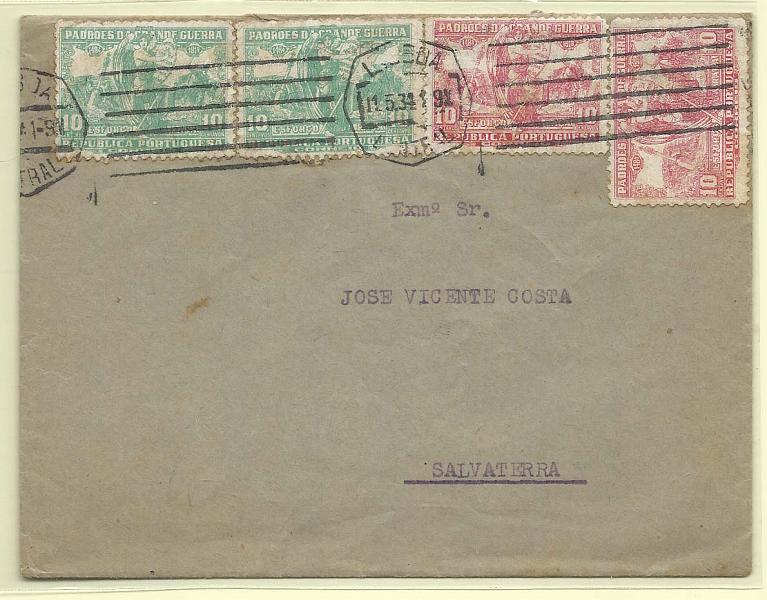 0251.jpg -     Lote:    251            Portugal       Descrição:         1925 &mdash; Padrões da Grande Guerra. Selos de recurso no correio ordinário. Sobrescrito circulado de Lisboa (11.05.34) para Salvaterra (12.05.34) com dois selos de 10c verde CE IP14 + dois de 10c carmim rosa CE IP17.        Carta       Valor Base:     &euro; 15,00     Valor Venda:     &euro; 15,00       