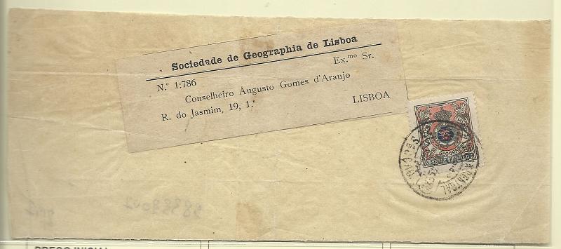 0252.jpg -     Lote:    252            Portugal       Descrição:         Porte Franco. Sociedade de Geografia de Lisboa. 1903/09 &mdash; Emblema da sociedade &mdash; Com coroa Real. CE SGL1 em frente de cinta circulada em Lisboa (16.03.03).        CNT       Valor Base:     &euro; 15,00     Valor Venda:     &euro; 20,00       