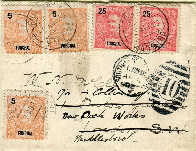 0253.jpg -     Lote:    253            Funchal       Descrição:         1897/1905 &mdash; D. Carlos I Mouchon. Sobrescrito circulado do Funchal (02.04.02) para Londres (09.04.02) com trânsito por Lisboa (04.04.02) e reexpedido para Middlesbourgh (09.04.02) com 3 selos de 5 reis + par de 25 reis CE14 e 28.        Carta       Valor Base:     &euro; 50,00     Valor Venda:     Retirado     