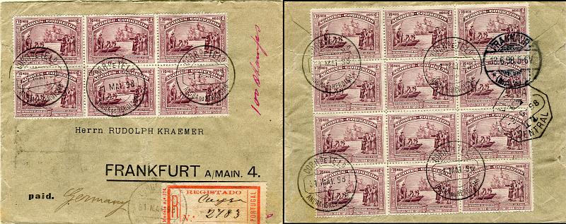 0254.jpg -     Lote:    254            Açores       Descrição:         1898 &mdash; 4.º Centenário do Descobrimento do Caminho Marítimo para a Índia. Sobrescrito circulado registado de Angra do Heroísmo (31.05.98) para Franquefurt (18.06.98) com trânsito por Lisboa (08.06.98) com 18 selos (bloco de 6 na frente e bloco de 12 no verso) de 10 reis CE90. MB e MR.        Carta       Valor Base:     &euro; 300,00     Valor Venda:     Retirado     