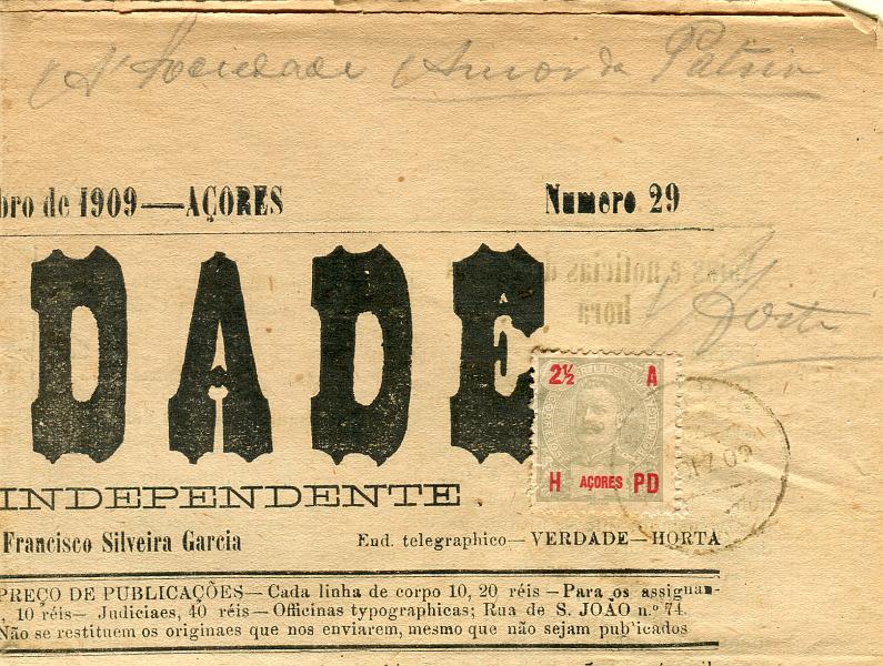 0255.jpg -     Lote:    255            Açores       Descrição:         1906 &mdash; D. Carlos I Mouchon. CE96, 2 &frac12; reis cinzento sobre jornal "A VERDADE" circulado na Horta (05.12.06). B e R.        JRN       Valor Base:     &euro; 15,00     Valor Venda:     &euro; 15,00       