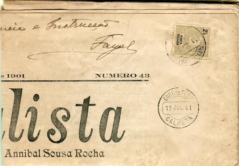 0256.jpg -     Lote:    256            Ponta Delgada       Descrição:         1897 &mdash; D. Carlos I Mouchon. CE13, 2 &frac12; reis cinzento sobre jornal "O Localista" circulado de Ponta Delgada (06.07.01) para Faial com trânsito por Calheta (12.07.01). Carimbo circular datado batido a preto "CALHETA". MB e R.        JRN       Valor Base:     &euro; 20,00     Valor Venda:     &euro; 20,00       