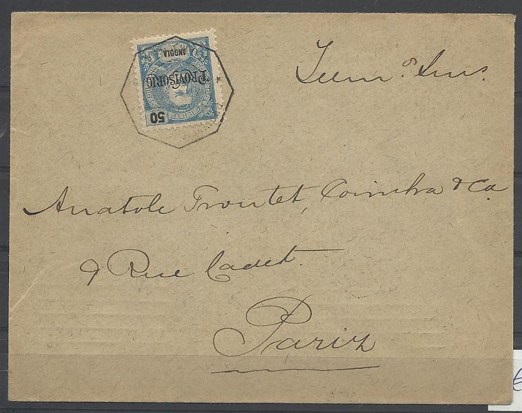 0258.jpg -     Lote:    258            Angola       Descrição:         1902 &mdash; D. Carlos I, com sobrecarga "PROVISORIO". CE77, 50 reis azul, em sobrescrito circulado da Humpata (08.08.10) para Paris, com trânsito por Lisboa (07.09.10).        Carta       Valor Base:     &euro; 16,00     Valor Venda:     &euro; 16,00       
