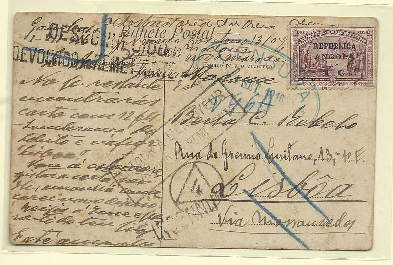 0259.jpg -     Lote:    259            Angola       Descrição:         1913 &mdash; 4.º Centenário do Descobrimento do Caminho Marítimo para a Índia, com sobrecarga REPUBLICA e sobretaxa, sobre selos de África. CE120, 1c s/ 10 reis. Selo sobre postal circulado de Gambos para Lisboa (01.09.16), devolvido ao remetente. Censurado em Lisboa.        PI       Valor Base:     &euro; 20,00     Valor Venda:     &euro; 20,00       