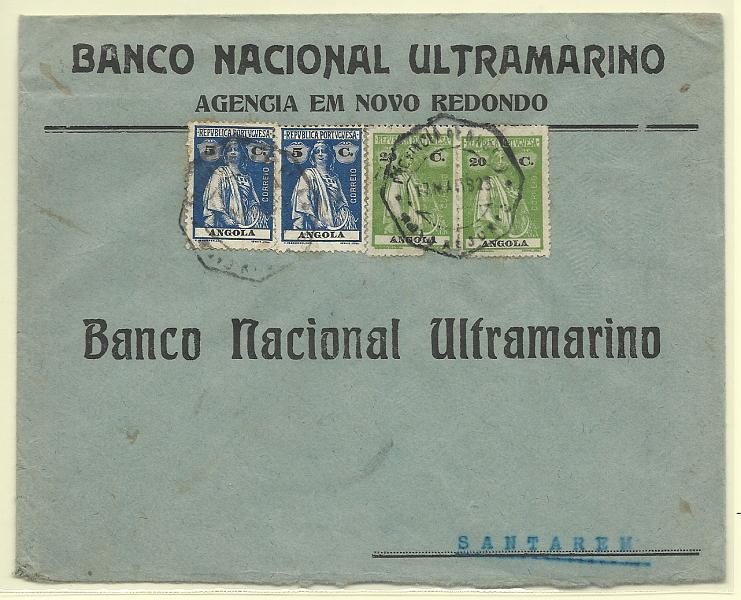 0260.jpg -     Lote:    260            Angola       Descrição:         1912 &mdash; Ceres. Sobrescrito circulado de Novo redondo (17.05.23) para Santarém (05.06.23) com par de selos de 5c e 20c CE148 e 153.        Carta       Valor Base:     &euro; 12,00     Valor Venda:     Retirado     