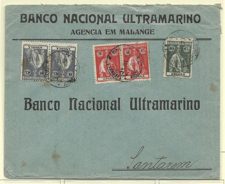 0261.jpg -     Lote:    261            Angola       Descrição:         1912/22 &mdash; Ceres. Sobrescrito circulado de Malange, pela ambulância ferroviária descendente V (23.07.23) para Santarém, com par de selos de 2c e 8c + 30c CE146, 150 e 206.        Carta       Valor Base:     &euro; 10,00     Valor Venda:     Retirado     