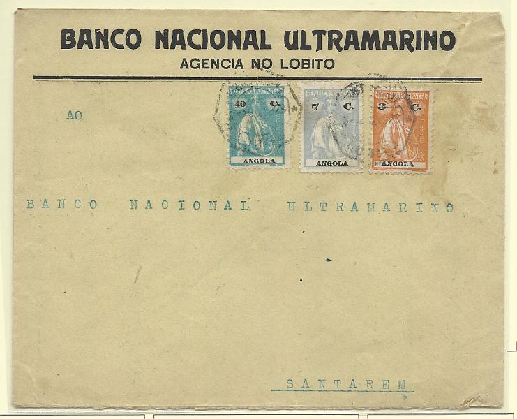 0262.jpg -     Lote:    262            Angola       Descrição:         192&frac12;2 &mdash; Ceres. Sobrescrito circulado do Lobito para Santarém (31.08.23) com selos de 3c (denteado 12x11 &frac12;) 7c e 40c. CE200, 204 e 207.        Carta       Valor Base:     &euro; 10,00     Valor Venda:     Retirado     