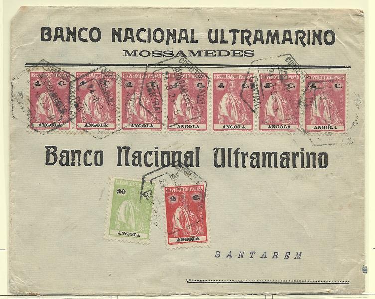 0263.jpg -     Lote:    263            Angola       Descrição:         1912/22 &mdash; Ceres. Sobrescrito circulado de Moçamedes (21.08.23) para Santarém com selos de 2c e 20c + tira de 7 selos de 4c CE146, 153 e 201. MB.        Carta       Valor Base:     &euro; 15,00     Valor Venda:     Retirado     