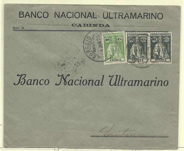 0264.jpg -     Lote:    264            Angola       Descrição:         1912/22 &mdash; Ceres. Sobrescrito circulado de Cabinda (04.01.25) para Santarém (28.01.25), com selo de 20c e par de 30c CE153 e 206. Utilização tardia deste tipo de carimbo de Cabinda.        Carta       Valor Base:     &euro; 12,00     Valor Venda:     Retirado     