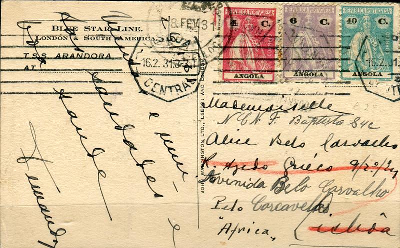 0265.jpg -     Lote:    265            Angola       Descrição:         192&frac12;2 &mdash; Ceres. Postal ilustrado circulado de Luanda para Lisboa (16.02.31) e reexpedido para Carcavelos (18.02.31) com selos de 4c, 6c e 40c CE201, 203 e 207.        PI       Valor Base:     &euro; 25,00     Valor Venda:     Retirado     