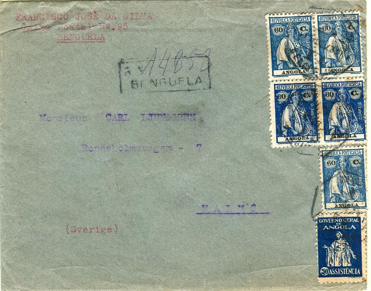 0266.jpg -     Lote:    266            Angola       Descrição:         192&frac12;9 &mdash; Ceres + Imposto Postal "ASSISTÊNCIA". Sobrescrito circulado registado de Benguela (17.12.31) para Malmo, com trânsito por Lisboa (17.01.32) com 5 selos de 60c azul CE208 + selo do imposto postal de 50c CE IP4.        Carta       Valor Base:     &euro; 60,00     Valor Venda:     Retirado     