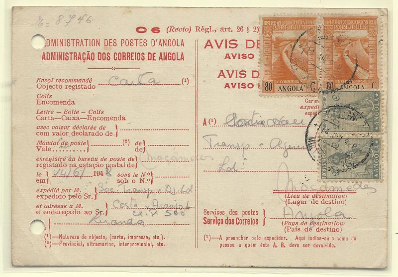 0270.jpg -     Lote:    270            Angola       Descrição:         1932/38 &mdash; Ceres + Império Colonial Português. Aviso de recepção de carta circulada de Moçamedes (14.06.48) para Luanda (15.06.48) com selos de 20c (2) CE232 + 2x80c CE269. Furos de arquivo.        AR       Valor Base:     &euro; 20,00     Valor Venda:     Retirado     