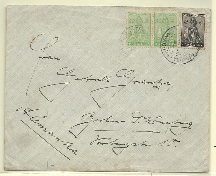0272.jpg -     Lote:    272            Angola       Descrição:         1932 &mdash; Ceres. Novo tipo. Sobrescrito circulado de Camacupa (17.08.35) para a Alemanha com trânsito pelo Lobito (19.08.35), com selo de 15c e par de 80c CE231, 239.        Carta       Valor Base:     &euro; 30,00     Valor Venda:     Retirado     