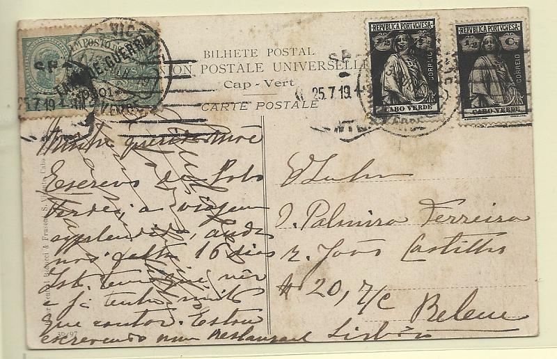 0274.jpg -     Lote:    274            Cabo Verde       Descrição:         1912/19 &mdash; Ceres + Taxa de Guerra. Postal ilustrado circulado de S. Vicente (13.07.19) para Lisboa (25.07.19) com dois selos tipo Ceres de &frac12; c preto CE138 + taxa de guerra (imposto postal) de 0$01 CE 1. MB e MR.        PI       Valor Base:     &euro; 100,00     Valor Venda:     Retirado     