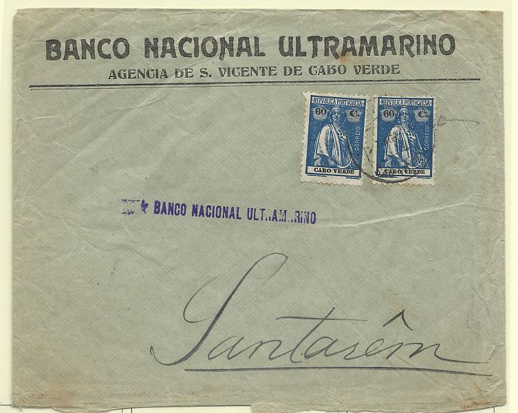 0275.jpg -     Lote:    275            Cabo Verde       Descrição:         1922 &mdash; Ceres. CE179, 60c azul escuro. Dois selos em sobrescrito circulado de S. Vicente para Santarém (09.09.27).        Carta       Valor Base:     &euro; 12,00     Valor Venda:     Retirado     