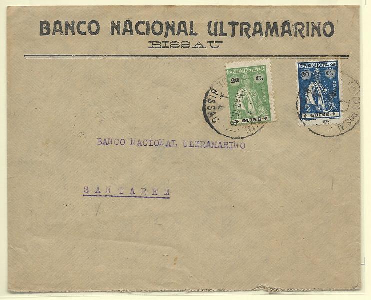 0276.jpg -     Lote:    276            Guiné       Descrição:         1914/22 &mdash; Ceres Sobrescrito circulado de Bissau (12.03.26) para Santarém com selos de 20c e 60c CE154 e 185.        Carta       Valor Base:     &euro; 15,00     Valor Venda:     Retirado     