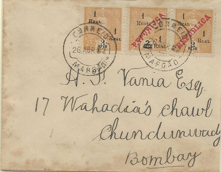 0278.jpg -     Lote:    278            Índia Portuguesa       Descrição:         1911/13 &mdash; D. Carlos I Mouchon, perfurados ao meio e na diagonal, com sobretaxa, com e sem sobrecarga REPUBLICA. Sobrescrito circulado de Margão (26.04.12) para Bombaim (28.04.12) com selos completos CE230, CE239 e CE240. MB.        Carta       Valor Base:     &euro; 45,00     Valor Venda:     Retirado     