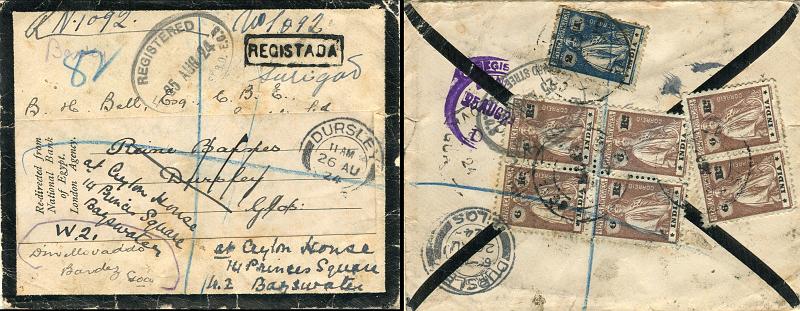 0279.jpg -     Lote:    279            Índia Portuguesa       Descrição:         1914 &mdash; Ceres. Sobrescrito circulado registado de Saligão para Dursley (26.08.24) e reexpedida para Bayswater e Bardez, com selos de 6 reis (quadra + par) Estrelas III/IV CE261 e 2T CE265. Carimbo de registo batido a preto "REGISTADA" e SALIGÃO manuscrito.        Carta       Valor Base:     &euro; 75,00     Valor Venda:     &euro; 130,00       