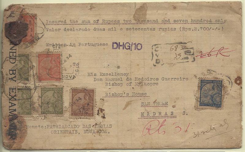0280.jpg -     Lote:    280            Índia Portuguesa       Descrição:         1933 &mdash; Padrões. Valor declarado remetido de Nova Goa (03.04.44) para Madras com selos de: 2 Tgs + 2 &frac12; Tgs + 2x3Rp e 3x1Rp. CE340/41, 344 e 346. Censurado pelos ingleses. Sobrescrito com algumas pequenas manchas.        Carta       Valor Base:     &euro; 25,00     Valor Venda:     &euro; 25,00       