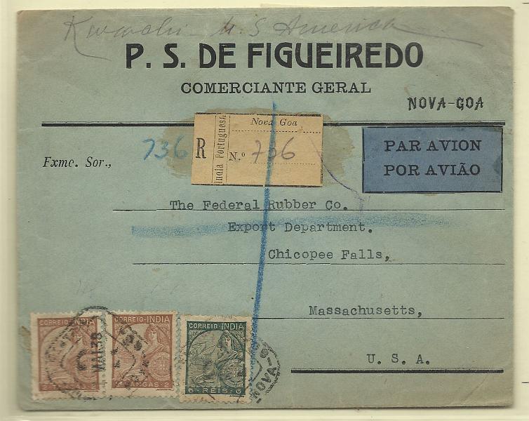 0281.jpg -     Lote:    281            Índia Portuguesa       Descrição:         1933 &mdash; Tipo Padrões. Sobrescrito circulado registado por via aérea de Nova Goa (01.05.38) para os EUA (17.05.38) com selos 6 reis e 2x2 tangas CE336, 340.        Carta       Valor Base:     &euro; 10,00     Valor Venda:     &euro; 10,00       