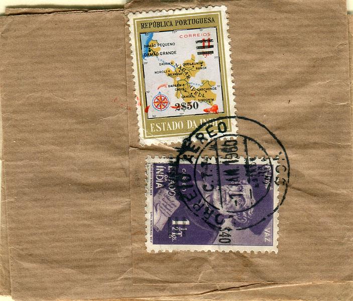 0283.jpg -     Lote:    283            Índia Portuguesa       Descrição:         1959 &mdash; Selos de 1946 a 1958 com sobretaxa + Moedas. Lote de duas cintas circuladas de Goa: uma em 01.01.60 com selos CE486 e 499; e outra com selos CE484, 485 e 499.        CNT       Valor Base:     &euro; 12,00     Valor Venda:     Retirado     