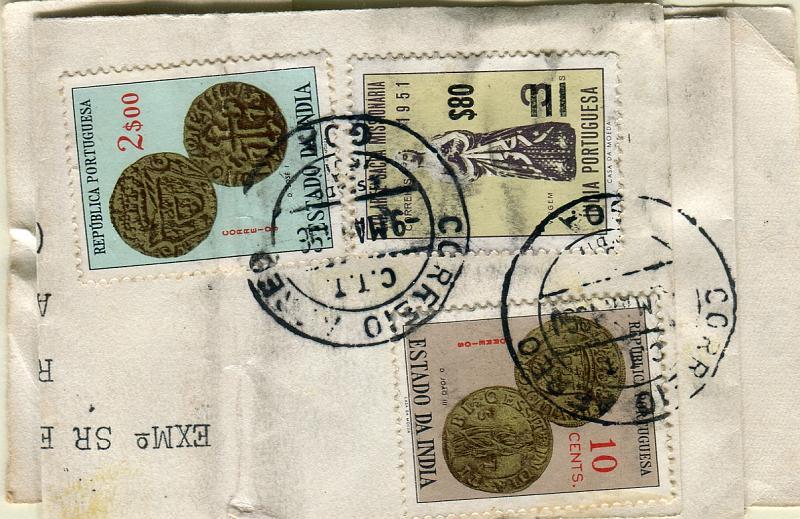0284.jpg -     Lote:    284            Índia Portuguesa       Descrição:         1959 &mdash; Selos de 1946 a 1958 com sobretaxa + Moedas. Lote de duas cintas circuladas de Goa: uma em 09.05.60 com selos CE501, 506 e 515; e outra com selos CE482(par), 490, 506 e 513.        CNT       Valor Base:     &euro; 10,00     Valor Venda:     Retirado     