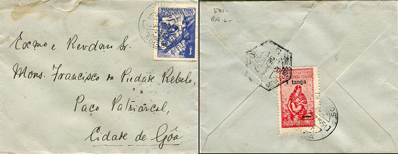 0286.jpg -     Lote:    286            Índia Portuguesa       Descrição:         1950/51 &mdash; Imposto Postal * Assistência Pública, com sobretaxa + Ano Santo. Sobrescrito circulado de Ponda (21.12.51) para Goa (22.12.51) com selo de 1T CE412 + imposto postal de 1T s/ 6 reis CE IP8. R.        Carta       Valor Base:     &euro; 75,00     Valor Venda:     &euro; 180,00       
